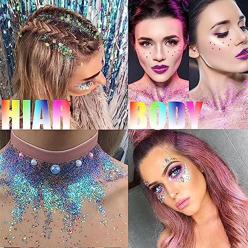XoeLLe Gel Paillettes Visage, 3 Couleurs Body Glitter Gel Sirène, Gel Paillettes Corps Longue Durée Mermaid Sequins, Paillette Chunky Glitter Maquillage pour Musical/Party/Masquerade/Visage/Cheveux(B)