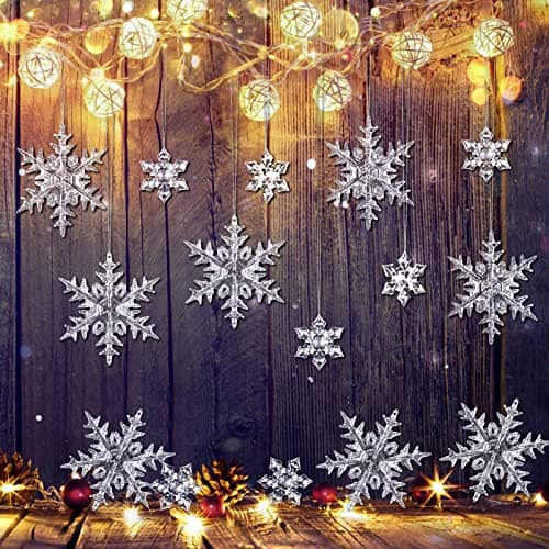 25 Pièces Acrylique Ornements de Flocons de Neige, Hiver Décorations avec Ligne De Cristal pour Fenêtres Cheminée Sapin de Noël