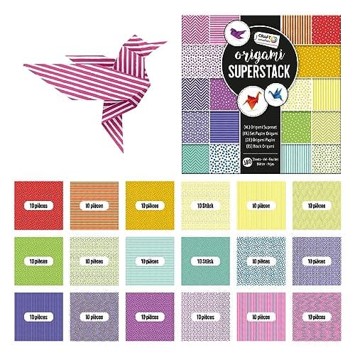 Craft Sensations Papier Origami Couleur 15 x 15 cm – 180 Feuilles d'Origami avec 9 Designs Différents Kit de Bricolage Enfant - Avec Instructions