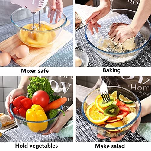 Homwin Grand Saladier 3 Bols en Verre, 1,0 L, 2,5 L, 4,2 L Bols Gigognes peu Encombrants Bols Antidérapants Saladiers pour Mélanger Stockage Cuisson