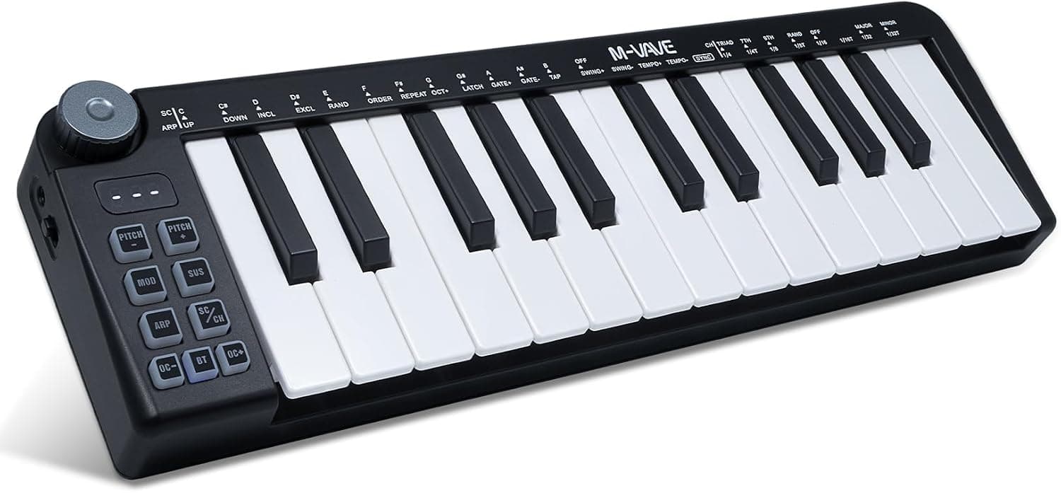 M-VAVE Mini clavier 25 touches - Beat maker professionnel et Keytar pour la production musicale au clavier Batterie intégrée Wireless Connect, Mini no PADS, Noir