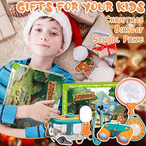 Achiyway Jouets Explorateur Extérieur Enfant Kit, Loupe Jumelle Boussole Papillon Filet Pince à épiler Attrape-Insectes Sac De Rangement, Cadeaux Randonnée Camping Nature éducatifs pour Enfants