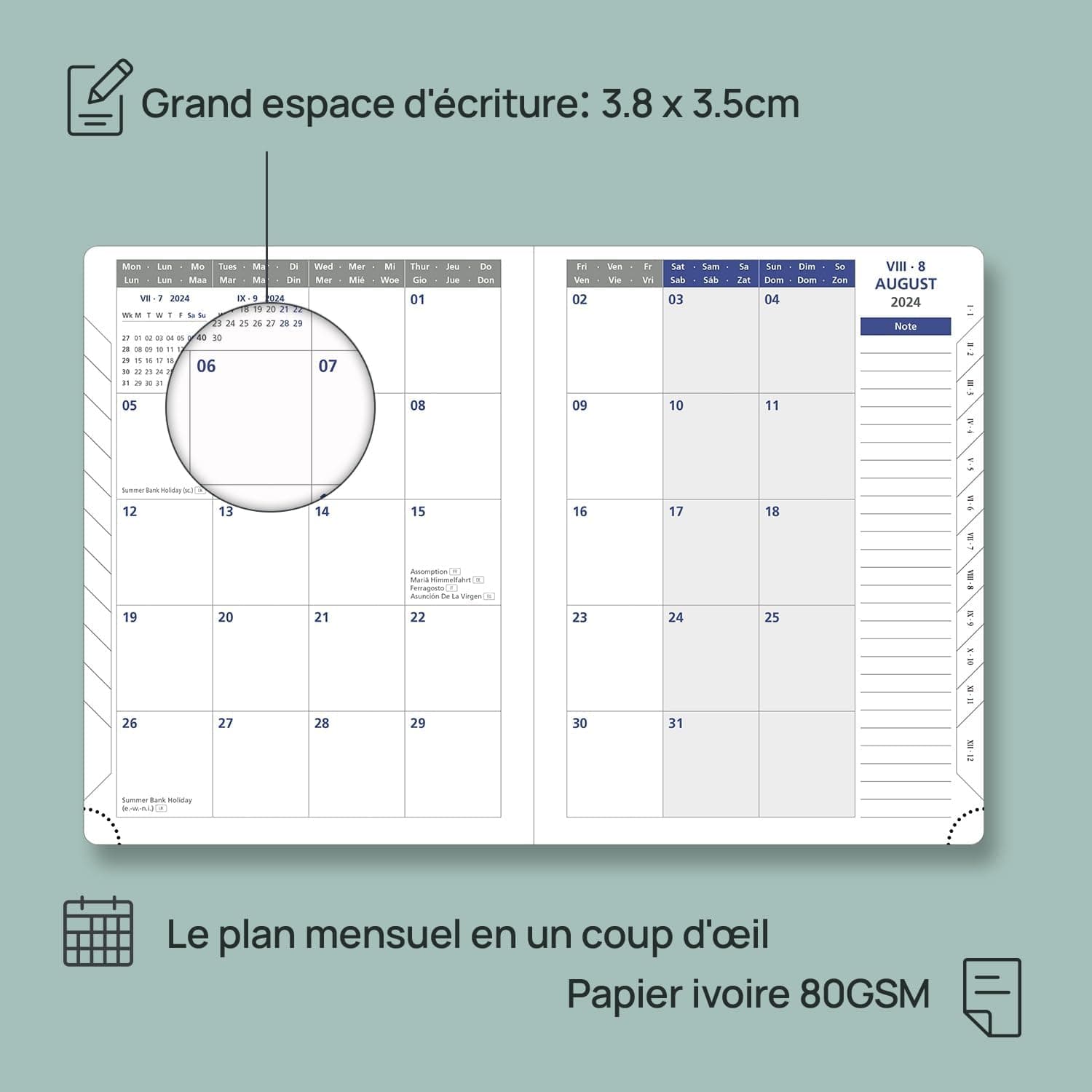 POPRUN Agenda 2025 Semainier 22 x 16,5 cm De Août 2024 à Déc 2025, Premium Planner Scolaire 17 Mois, Couvercle en cuir de coton PU, Onglets Mensuels, Papier Certifié 100 g/m2 - Forêt Vert