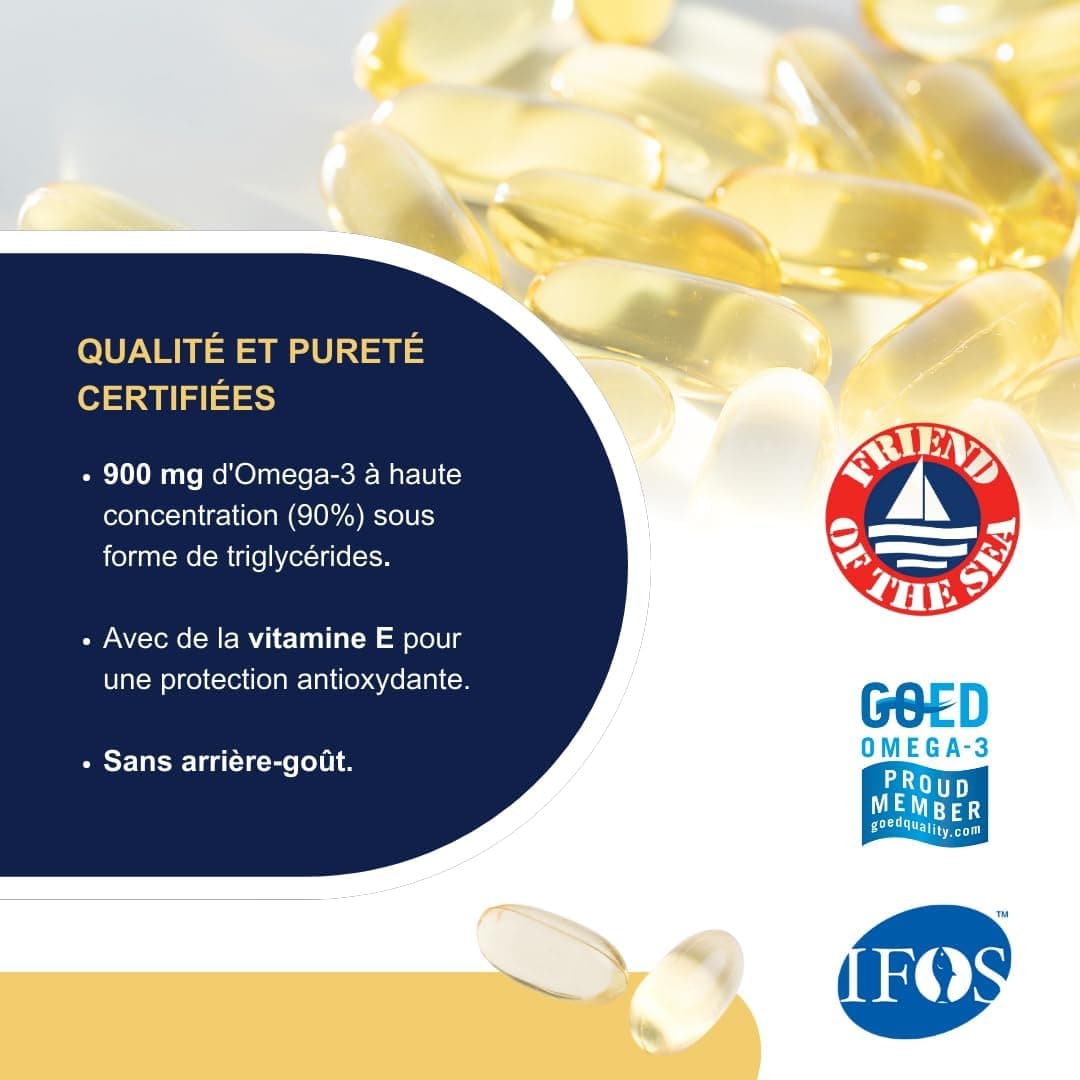 Omegor Vitality 1000 - Supplément alimentaire avec 90% des oméga 3 sous forme de triglycérides - avec de la vitamine E - pour le cœur, la vision et le cerveau en santé - 30 gélules