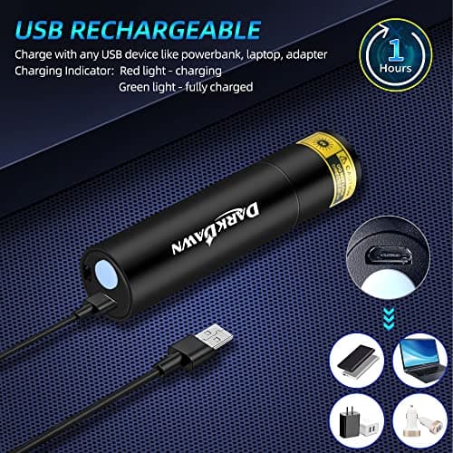 DARKDAWN UV 365nm Lampe Torche Lumière Noire, Mini USB Rechargeable, Lampe de Wood Portable LED Ultraviolet 370nm - Détecteur d'urine Chat, Taches, Billet, Ambre, Uranium, Détection de Fuites