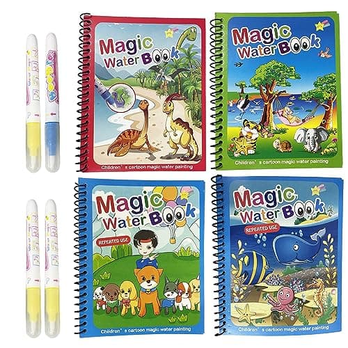 Lot de 4 stylos plus 4 livres de coloriage à l'eau pour enfants - Livre de dessin magique à l'eau, planche de peinture avec eau magique, cahiers de coloriage pour les petits artistes!