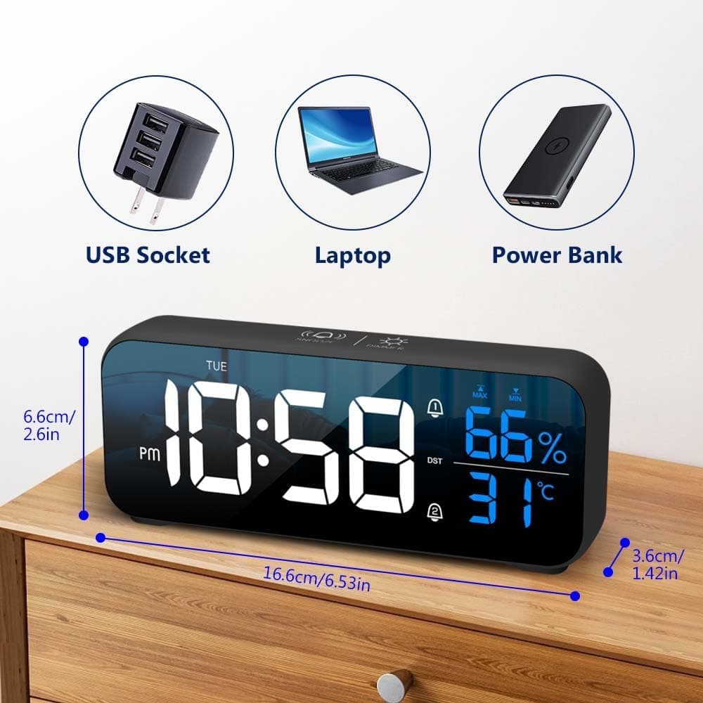 Reveil Matin, Réveil Numérique Miroir LED avec Fonction Snooze, Grand écran avec Affichage de la Température, Alarm Clock, Réveil Lumineux Alimenté par USB, Reveil avec 12/24H