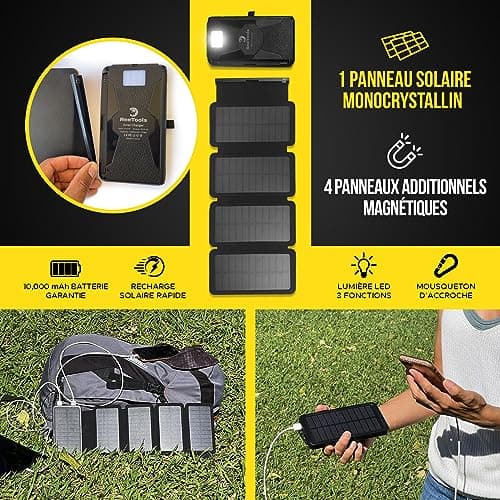 Batterie Externe Solaire avec 5 Panneaux Pliables, Câble Universel 3en1 & Lampe LED. Kit pour Randonnée Camping Survie. Power Bank, Alimentation Nomade pour Smartphone et Autres, idéal Survivalisme