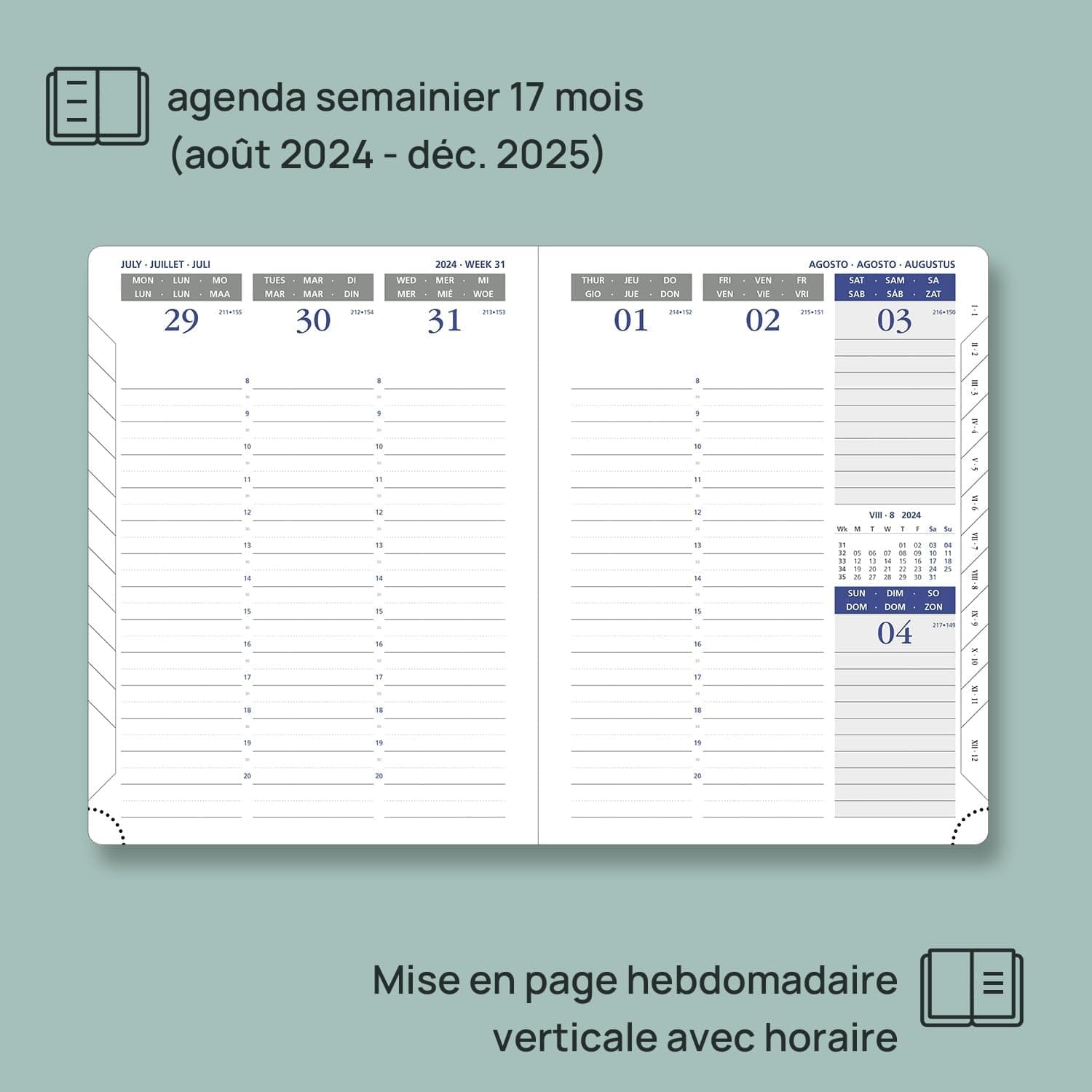 POPRUN Agenda 2025 Semainier 22 x 16,5 cm De Août 2024 à Déc 2025, Premium Planner Scolaire 17 Mois, Couvercle en cuir de coton PU, Onglets Mensuels, Papier Certifié 100 g/m2 - Forêt Vert