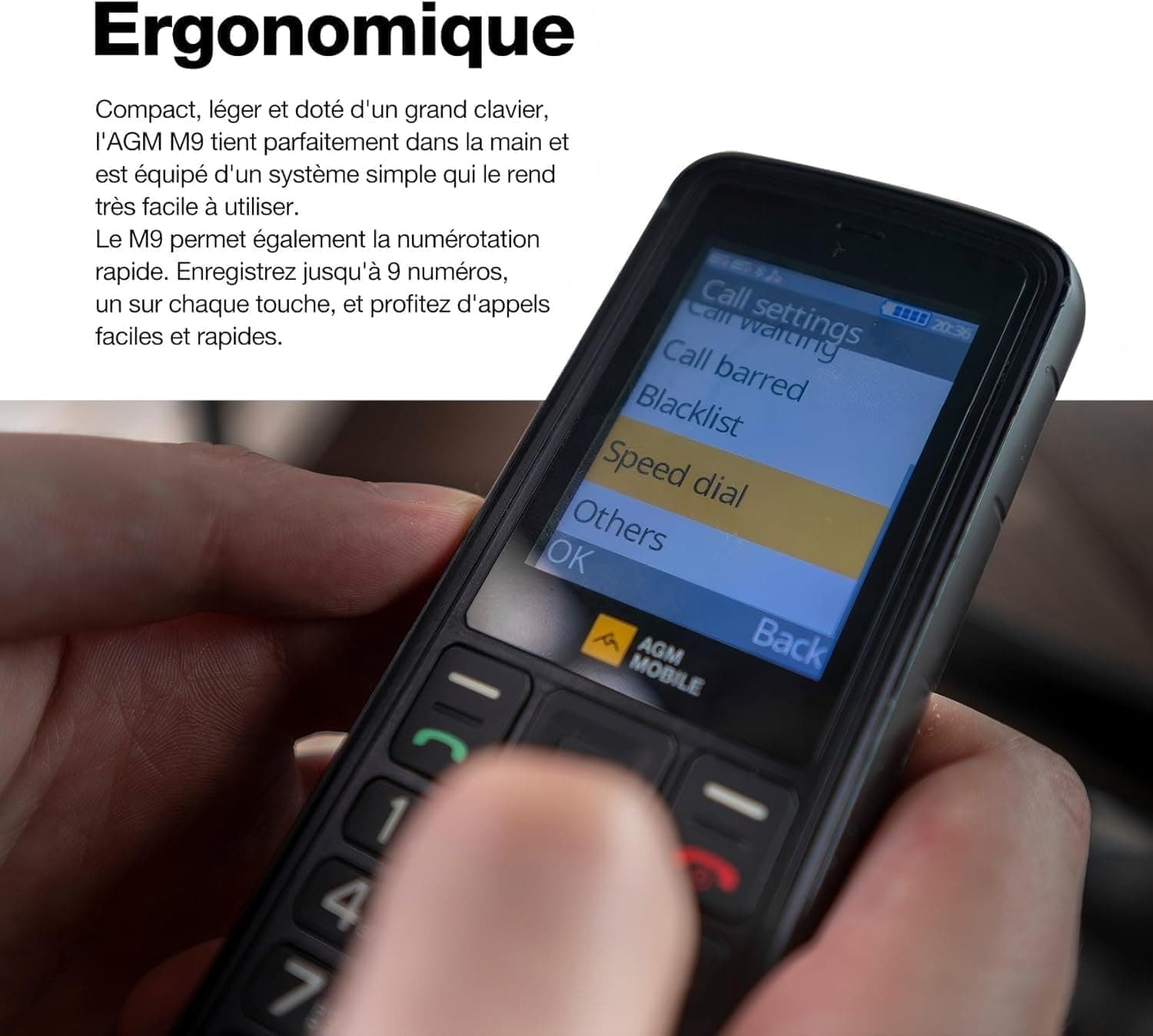 AGM M9 4G Téléphone Portable Robuste IP68/IP69K 3 Slot SIM Radio FM 1200mAh | Grandes Touches, Police De Caractères Large, Numérotation Abrégée, 3 Emplacements pour Cartes, Radio FM, Lampe Torche