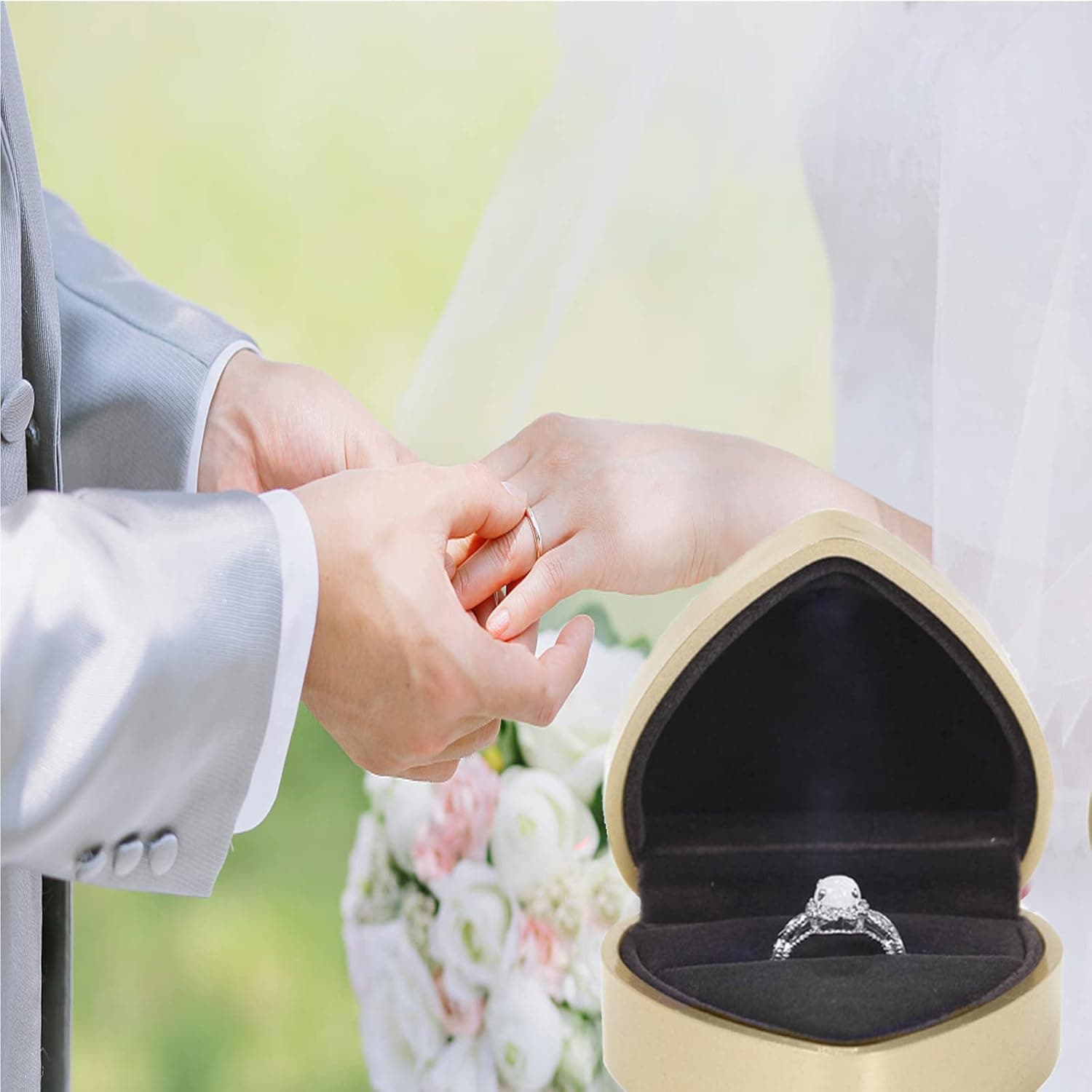 Boîte à bagues en forme de cœur, en velours, boîte à bijoux, boîte cadeau pour mariage, fiançailles, Saint-Valentin (doré)