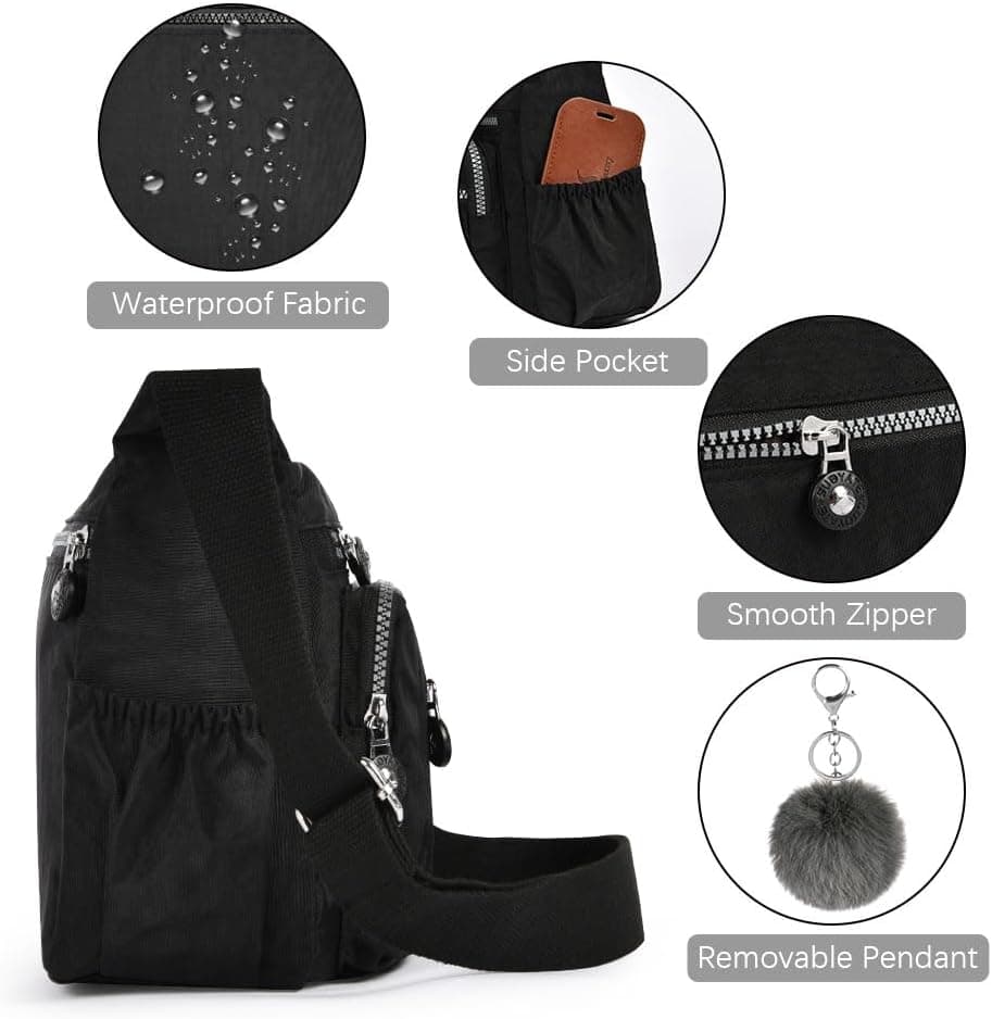 Aucuu Sac Bandouliere Femme, Sac à Main en Nylon, Multi-Poches Bandoulière Impermeable, Sacs à Bandoulières Multifonctionnel avec Bandoulières Réglable, Sacs Besace Loisir pour Voyage