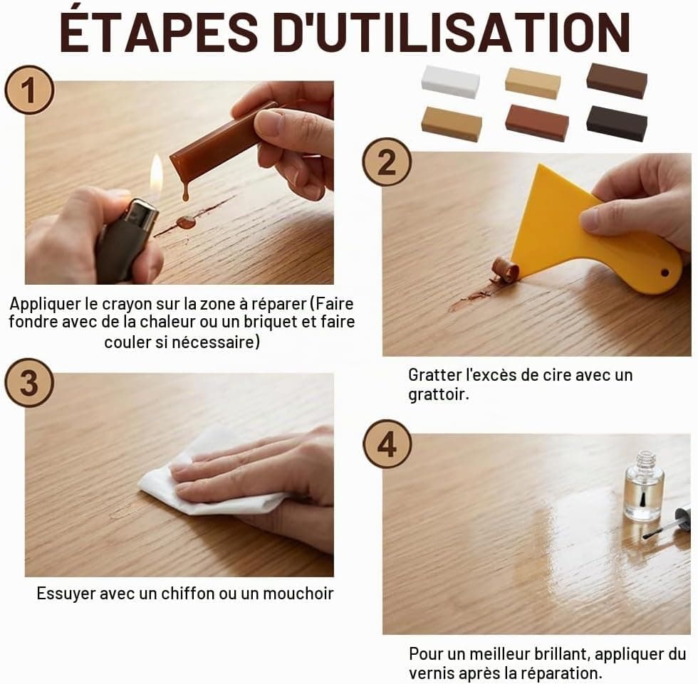 Kit de Réparation Parquet et Meubles en Bois, Blocs de Cire Mastic Bois