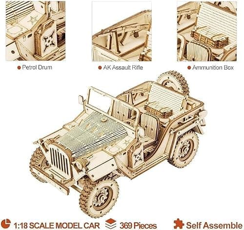Robotime Armée Jeep Jouets de Voitures Kits de modèles de Puzzle 3D Artisanat de Construction mécanique de en Bois de d'individu pour des Enfants, Adolescents et des Adultes
