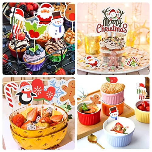 KEELYY Noël Cupcake Topper 30 Pcs Decoration Gateau Noel Santa Deer Tree Cloches Joyeux Noël Drap Cure-Dents, pour Décorer Dessert Gâteau De Noël Fête