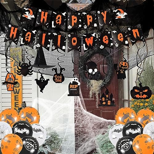 Décoration de Fête Halloween, 25PCS Articles Halloween, Halloween Décoration Effrayante avec Toile d'araignée, Deco Guirlande, Ballons, Les Décorations Set Extérieures Intérieures de Fête d'halloween