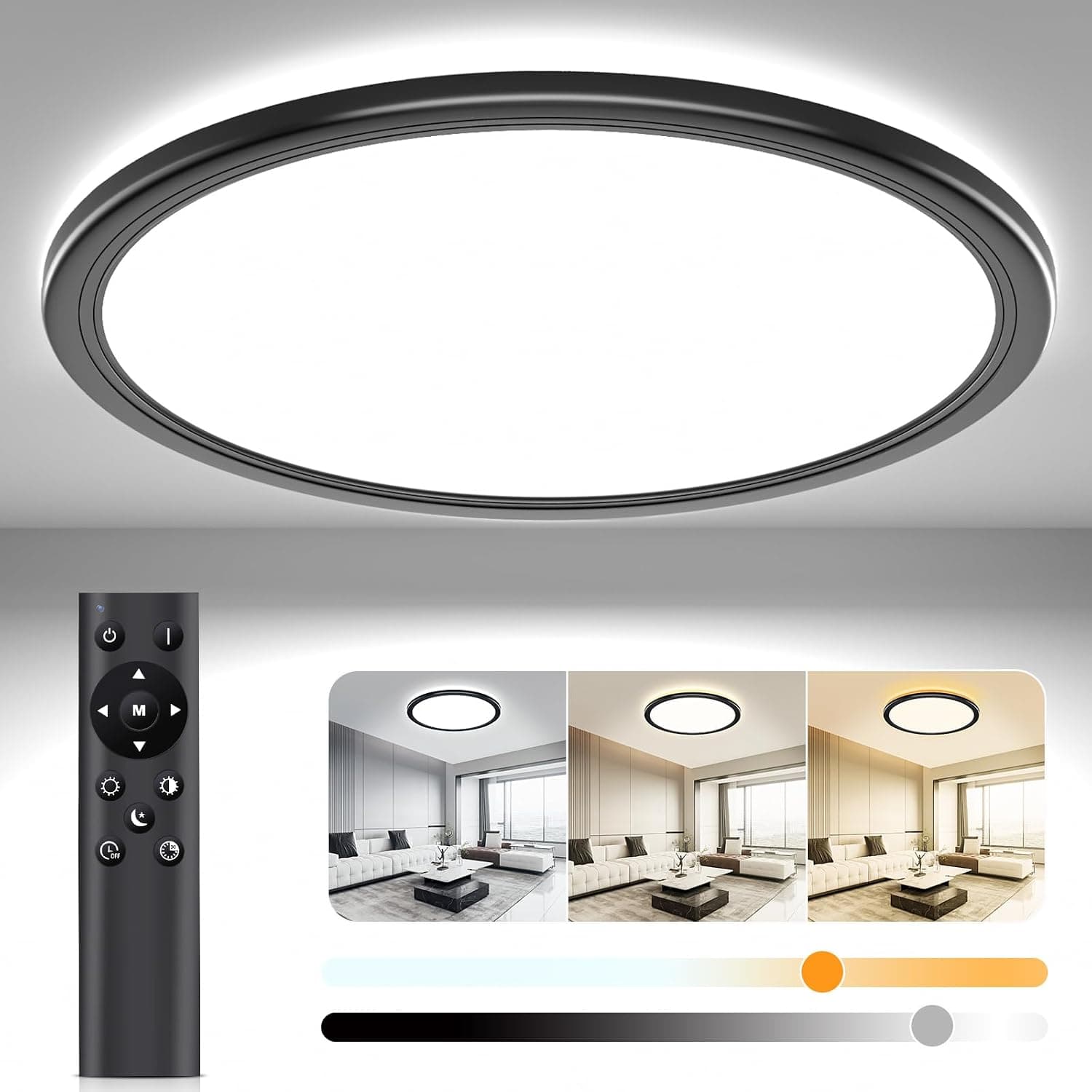 OUILA Plafonnier Led Telecommande, Dimmable Plafonnier Télécommande 24W Réglable Ø30cm 3000K-6500K Plafond Led Moderne Rond 2400LM Applicable Salle de Bain, Chambre, Cuisine, Salon(Noir)