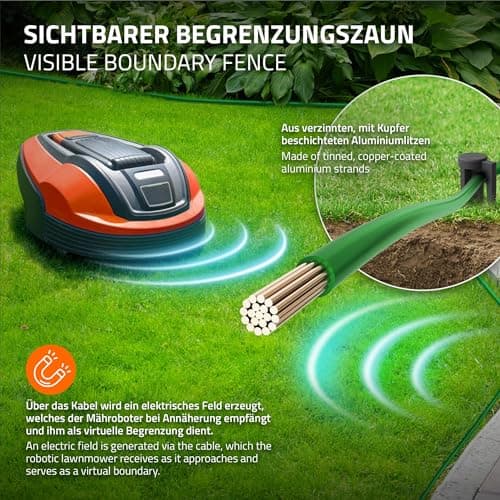 ECD Germany Câble Périphérique Universel pour Tondeuse-Robot, 50m, 12 Connecteurs de Câble + 200 Piquets de Terre, Ø 2,7 mm, Fils d'Aluminium Étamés et Cuivrés, Câble de Délimitation pour Jardins