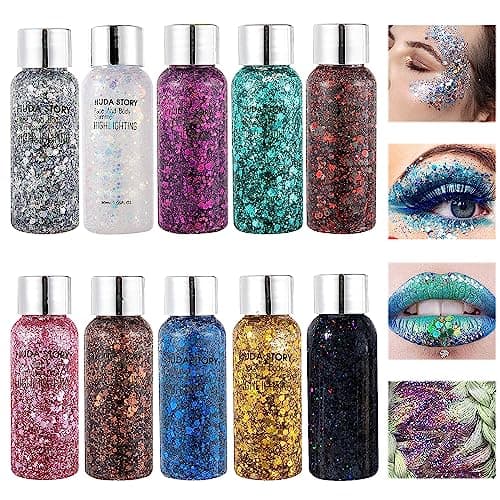 10 bouteilles de paillettes fluorescentes pour visage, corps et cheveux. Idéal pour festivals et maquillage scintillant. Longue tenue, facile à appliquer pour femmes et hommes