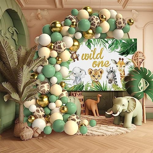 Kit Arche Ballon avec toile de fond, Decoration Anniversaire 1 an, Jungle Decoration Anniversaire Fille Garcon, kit anniversaire Garcon pour Jungle Safari Anniversaire jungle