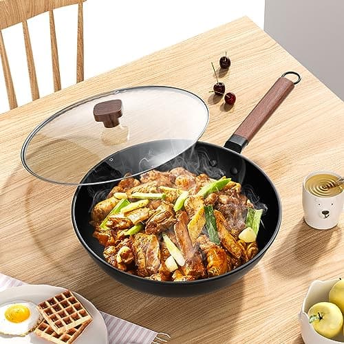 Jobin 33 cm/5,6L Wok en Acier au Carbone Avec Couvercle - Sans Revêtement Chimique - Cuisiner des Plats Asiatiques pour 4-6 Personnes - Convient à Induction/Electrique/Gas
