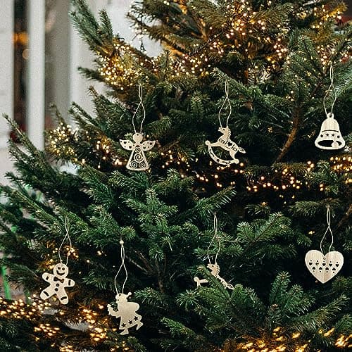 FRUHLING 30 Pièces Pendentifs en Bois de Noël Decoration Sapin Noël Bois Arbre de Noël Ornements avec Boîte en Bois pour Etiquette de Cadeau et Décoration Bricolage 6 Styles