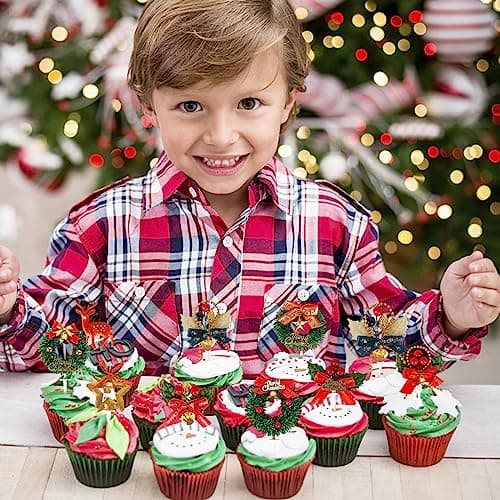 13Pcs Noël Topper de Gâteau Décorations de Gâteau, Décorations de Gâteau de Noël pour Noël Cupcake Toppers Arbre De Noël Renne Gâteau Bougie DIY Craft, écorations De Gâteau