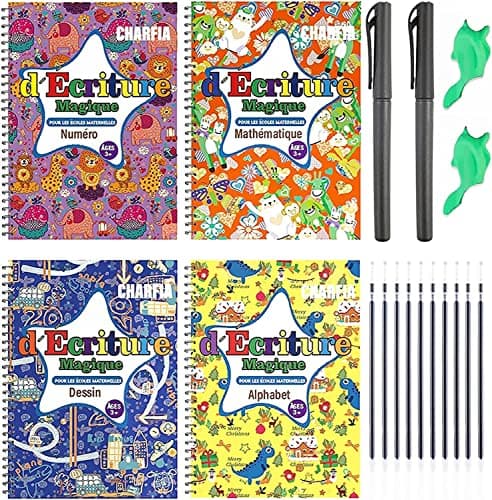 Charfia 4 Grand Francais Cahier Ecriture Magique Calligraphique pour Enfants, Magic Book en Français Livre Magibook Cahier Effacable Livre de Pratique d'écriture Réutilisable [Large 17.5 * 25CM]