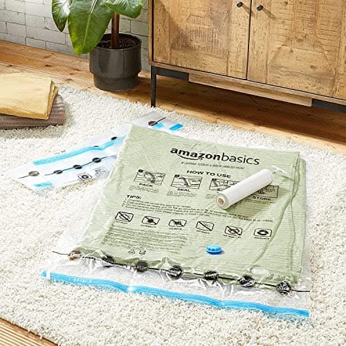 Amazon Basics housses de rangement sous vide avec pompe manuelle, Fermeture éclair, 5 pièces, Taille L, Clair