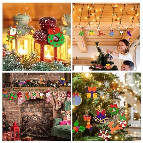 CHEVVY 60pcs.Pendentifs en Bois à Peindre Noël DIY Décoration de Noël en Bois avec 60 Cloches 60 Corde Bois Bricolage Enfants Noël Set Décoration de Noël