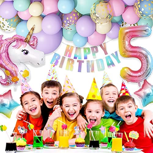 5 Ans Licorne Ballons Arche Anniversaire Décorations Fille, 120 Pièces Kit Pastel Ballon avec 3D Licorne Macaron Rose Violet Latex Confetti Numéro 5 Ballons Joyeux Anniversaire Bannière Cake Toppers