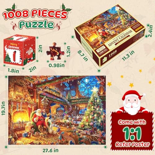 RONSTONE Calendrier de l'Avent 2024 Puzzle - Puzzle Calendrier de l'avent de Noël - 24 Boîtes 1008 Pièces Puzzle pour le compte à rebours de Noël Décoration de la Maison pour les Adultes