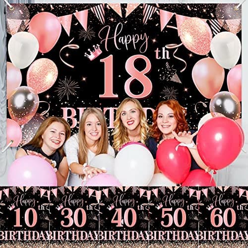 18 Décorations fête en Rose or Noir,Deco Anniversaire 18 ans Bannières de Joyeux Anniversaire Fête Porche Signe Bannière pour 18 ans Décoration Homme Femme