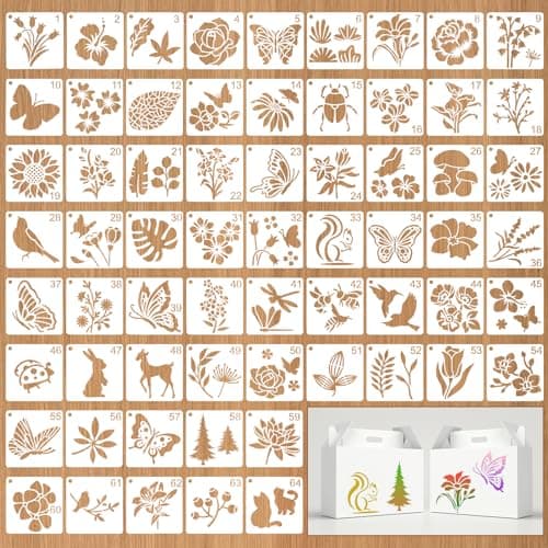 JSRQT 64 Pièces Petits Pochoirs pour Peinture, Modèles de Pochoirs à Thème Nature Fleur Papillon Oiseau, Pochoirs Dessin Peinture Réutilisables en Plastique pour DIY Scrapbook Bois Wall Decor, 3’’