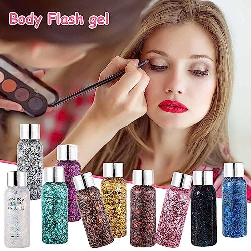 10 bouteilles de paillettes fluorescentes pour visage, corps et cheveux. Idéal pour festivals et maquillage scintillant. Longue tenue, facile à appliquer pour femmes et hommes