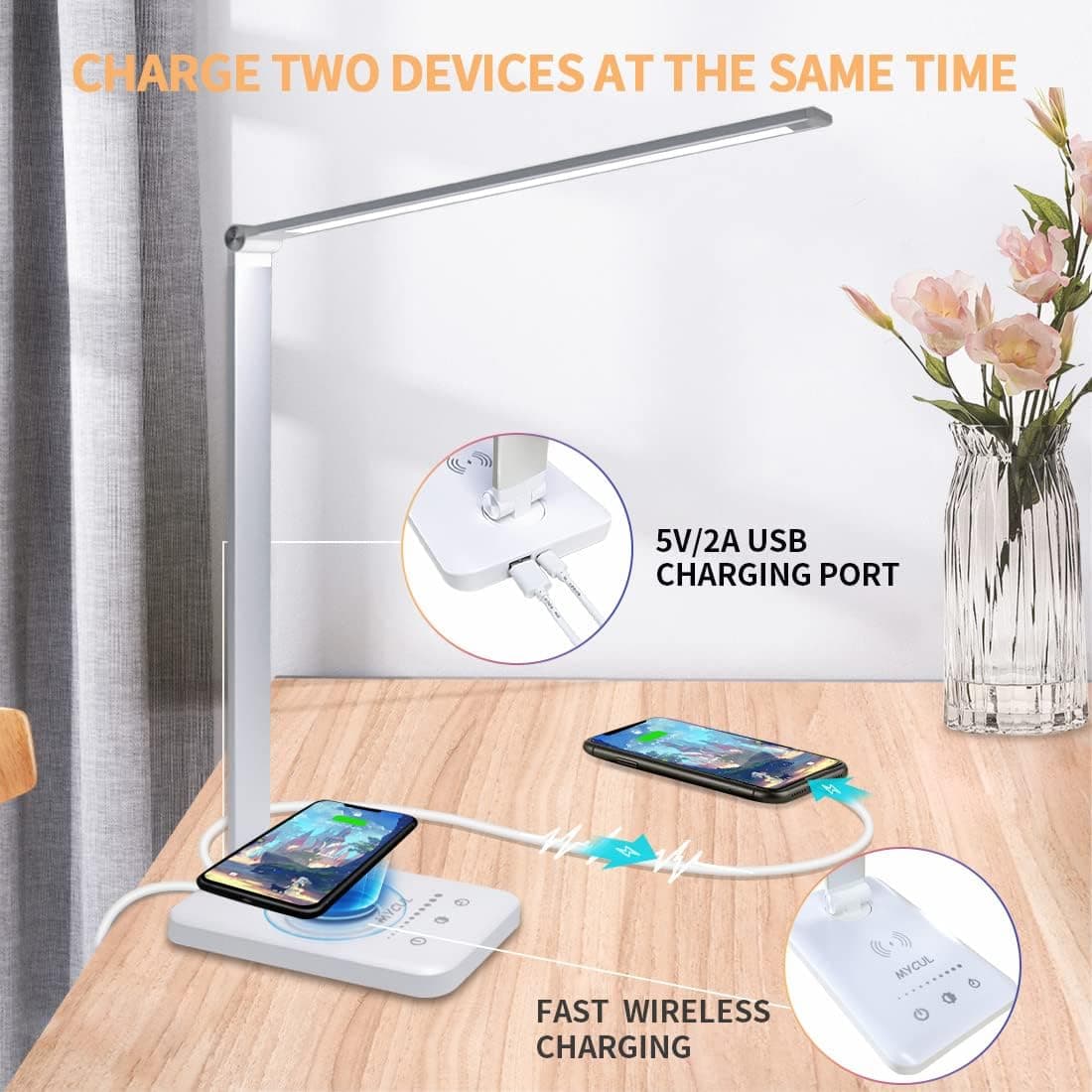 Lampe de Bureau avec Chargeur sans Fil,Lampe de chevet Avec Port USB,Blanc