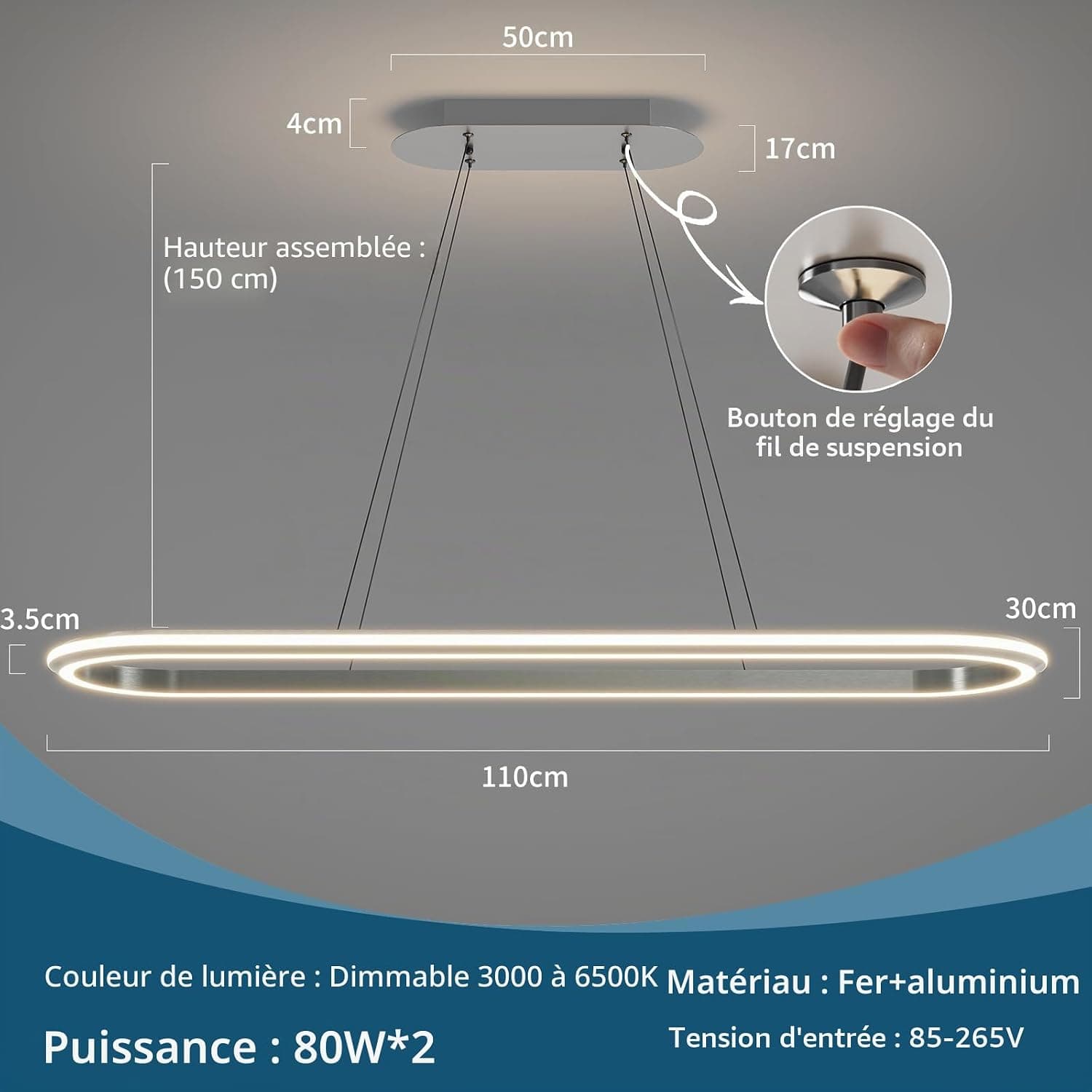 110cm Suspension Moderne Ovale Ajustable avec Télécommande, Luminosité Réglable de 10%-100%, Anti-Éblouissement avec Fonction Mémoire/Hauteur Ajustable