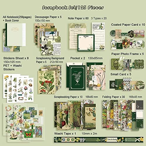 Irayin Kit d'accessoires de Scrapbooking de 125 Pièces, Esthétique Bullet Journal Scrapbook Kit avec A6 Grille Carnet, Autocollants de scrapbooking - Cadeau DIY pour Filles et Femmes (Vert)