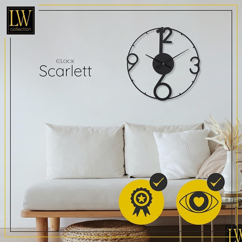 LW Collection Grande Horloge Murale Scarlett Noir 60 cm - Industrielle en Métal - Moderne - Mouvement Silencieux