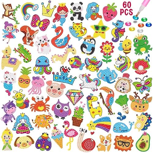 CAYUDEN 5D Diamond Painting Autocollants Kits Enfants, 60 Pcs DIY Animaux Diamant Painting Art Mosaïque Autocollants Kit Diamond Painting Animaux pour Filles Enfants Adultes Peinture Diamant Kit