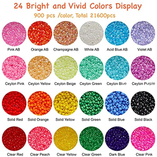 Bala&Fillic Size 2mm 12/0 Glass Seed Beads About 21600pcs in Box with Beading Tool,Small Craft Seed Beads for Jewelry Making 24 Colors petites perles de rocaille pour la fabrication de bijoux