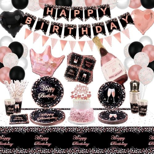 XJLANTTE Fournitures de fête Noir et Or Rose – Ballon, bannière Joyeux Anniversaire, décoration de gâteau, Tasses et Nappe pour décorations de fête Fille Femme, pour 20 invités (Set 02)
