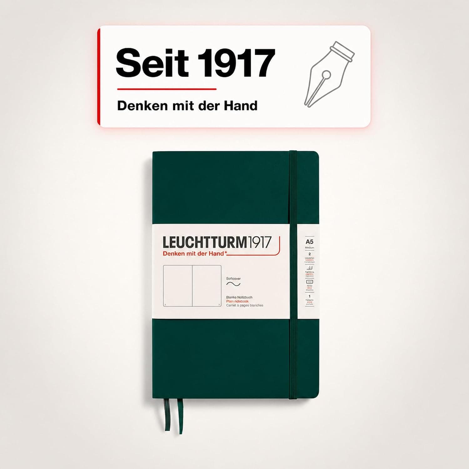 LEUCHTTURM1917 367268 Carnet de notes Medium (A5), Couverture souple, 123 pages numérotées, Forest Green, blanc