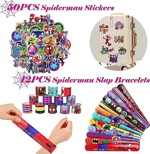 122 Pièce Spiderman Party Jouet Sac Cadeau Anniversaire Enfant Super Heros Sac Cadeau Masque en Feutre Spiderman Autocollants et Autres Ensembles Cadeaux Slap Bracelets Pour Cadeau Anniversaire Enfant