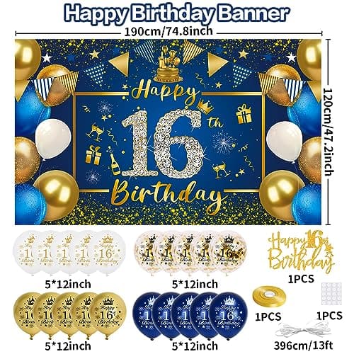 Deco Anniversaire 16 Ans, VICTERR Bleu Or Decoration Anniversaire 16 Ans Garcon Fille Banderole Joyeux Anniversaire Triangle Bannière Bleu Or Confettis Ballon, 16 Ans Anniversaire Décoration Fête