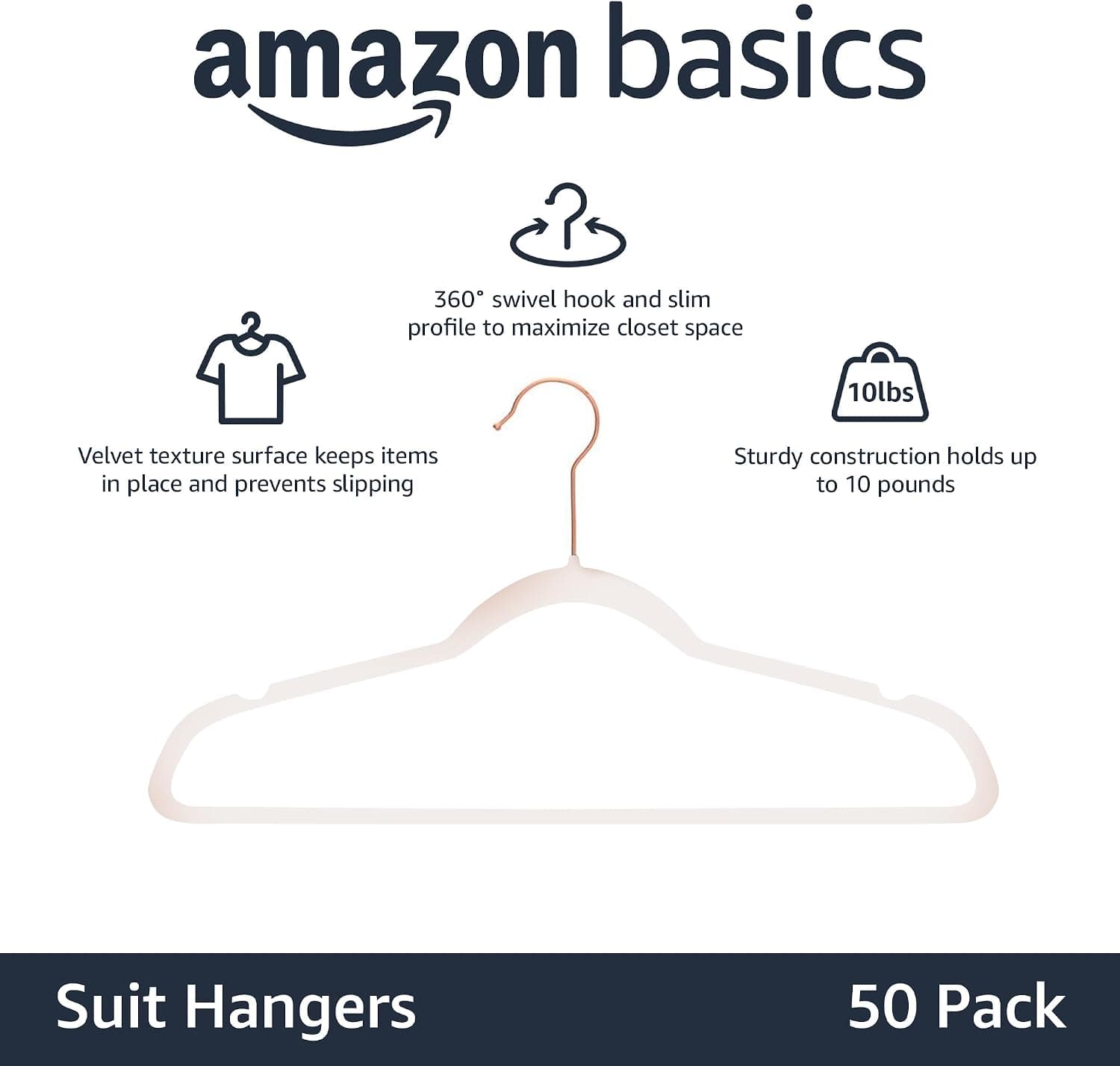 Amazon Basics Cintres fins, antidérapants, en velours, Rose Carné/Doré, 50 unités