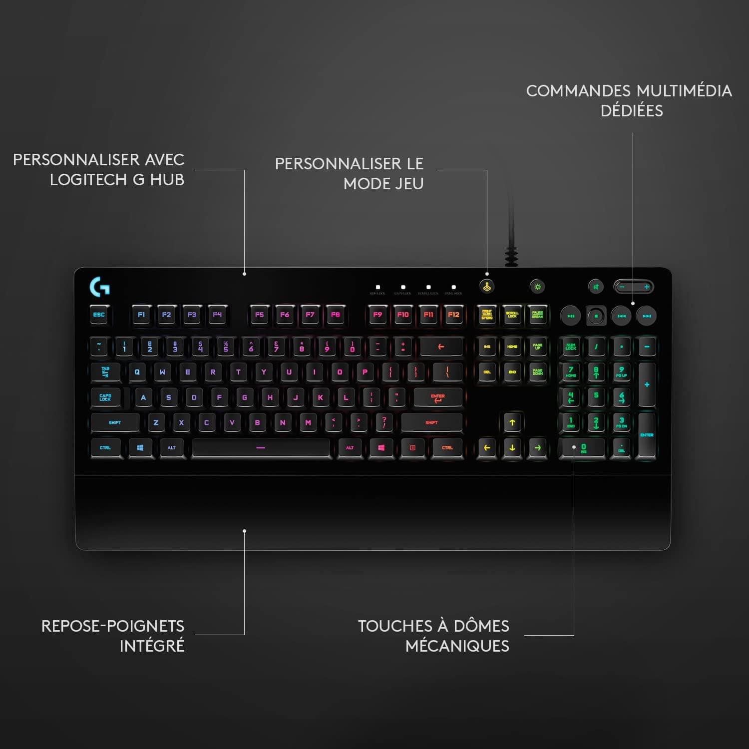 Logitech G213 Prodigy, Clavier Gamer, Eclairage RGB LIGHTSYNC | Résistant aux Éclaboussures, Personnalisable, Commandes Multimédia Dédiées, Français AZERTY - Noir