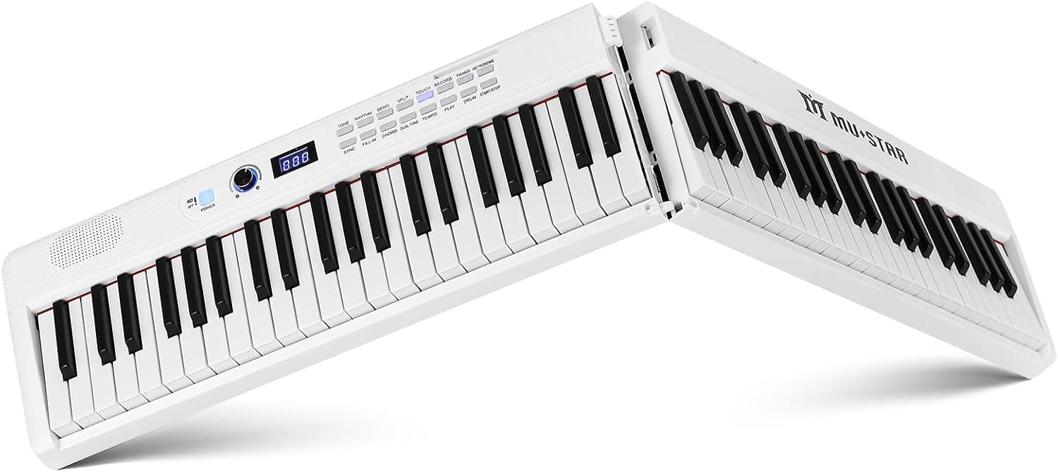 MUSTAR Piano numérique pliable 88 touches avec touches éclairées, piano numérique semi-poids, piano électronique portable avec Bluetooth, MIDI, pédale de sustain, casque pour débutants, blanc