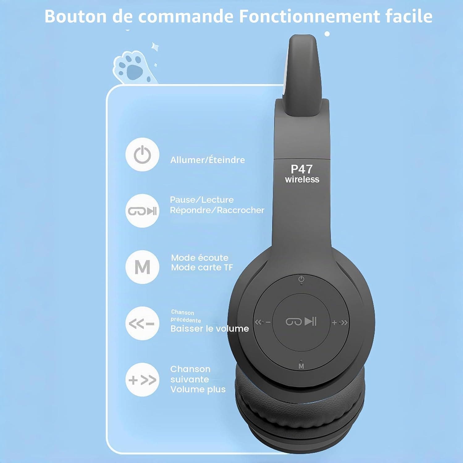 Casque Bluetooth Enfant, Casque sans Fil avec Oreilles de Chat Lumineuses | Casque Audio Pliable LED, Contrôle du Volume de 85dB pour Fille et Garçon 7+