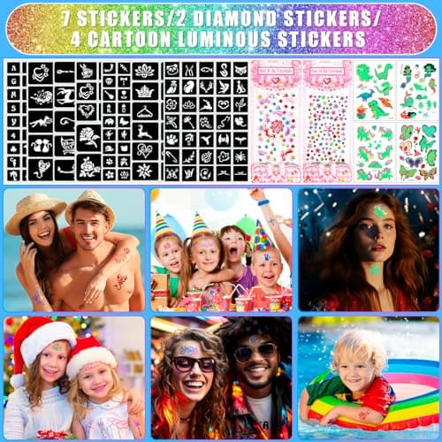 Kit Tatouage Paillettes Enfant Filles, 36 Couleurs Tatouage Temporaire à Paillettes, Kit Maquillage de Tatouage Paillette Temporaires, Cadeau pour Anniversaire Carnaval Fête